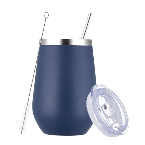 MEWAY 12oz Stainless Steel Wine Tumbler with Lid & Straw - Vacuum Insulated Travel Cup