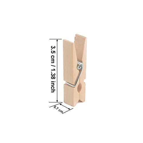 Natural Wooden Clothespins 1.38 Inch - 100 Pack Mini Photo Clips with Jute Twine