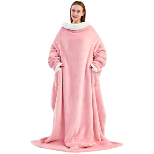 Pink Sherpa Wearable Blanket with Foot Pocket - Oversized Snuggle Robe, 53x69+12 inches