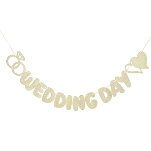 Wedding Day Banner with Hearts & Ring Shapes - Gold Glitter Wedding Decor