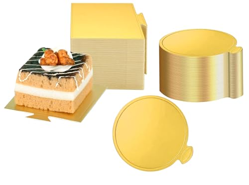 100pcs Mini Gold Cake Boards Assorted Round & Square Dessert Bases for Cakes & Pastries, 3.15 Inch