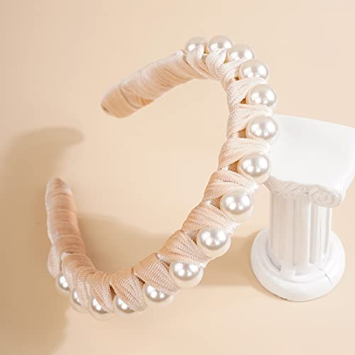 Wiwpar Pearl Velvet Headband Elegant White Hair Hoop for Women