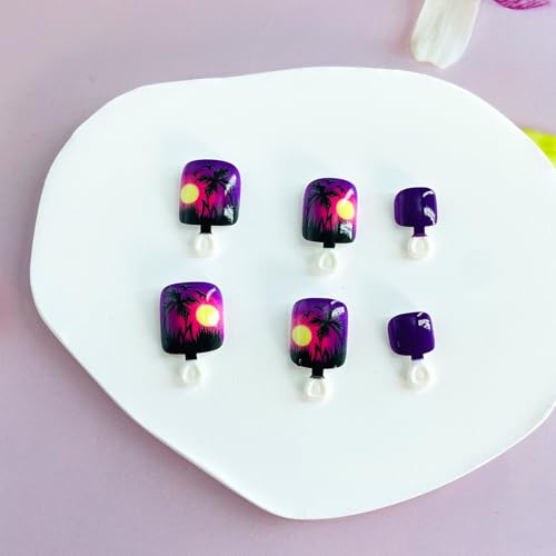 Square Press on Toenails Palm Tree Seaside Acrylic False Toe Nails