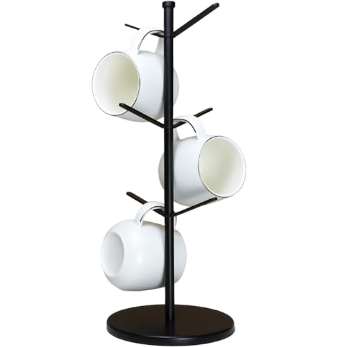 Metal Mug Tree with Bamboo Base - 6 Hook Cup Holder Rack