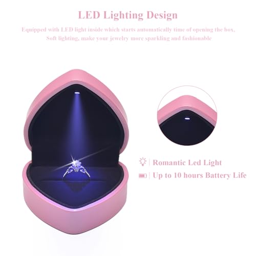 Pink Heart Shaped LED Lighted Engagement Ring Box for Proposals