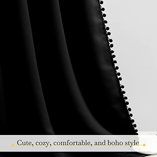 NICETOWN Blackout Curtains 2 Panels Jet Black 42"W x 63"L with Pom-Poms, Thermal Insulated Boho Style for Nursery, Playroom, Kitchen (Pack of 2)