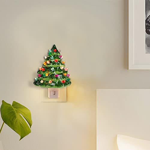 Green Ceramic Christmas Tree Night Light with Multicolor Bulbs - 6 Inch