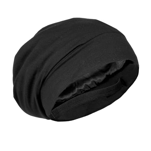 Black Satin Lined Hair Bonnet for Sleeping with Adjustable Strap