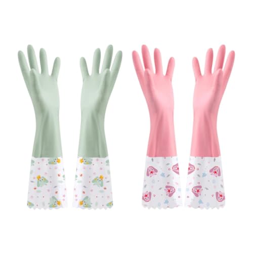 KINGFINGER PVC Flocked Dishwashing Gloves 2 Pairs Long Kitchen Gloves with Fleece Lining