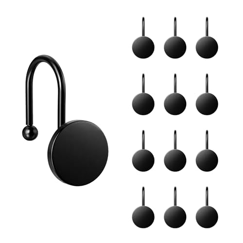 Sunlit Black Shower Curtain Hooks - 1.2 Inch Large Round Metal Rings for Bathroom