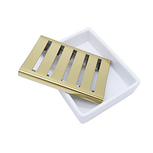 Lofekea Ceramic Soap Dish with Stainless Steel Self-Draining Tray