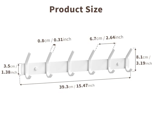 15-Inch Wall Mounted Coat Rack with 6 Hooks, White Metal Entryway Hanger