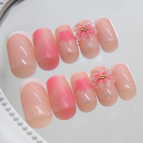 Jremg White French Tip Press on Nails Medium Square with 3D Flowers 24Pcs