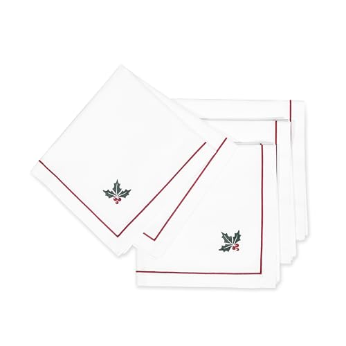 Christmas Holiday Cotton Cloth Napkins Set of 4 - Red & Green Holly Embroidered 20x20 Inches