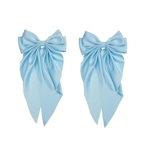 Light Blue Jumbo Silky Satin Hair Bow Barrettes with Long Tails