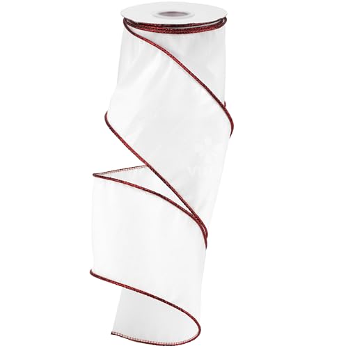 White & Red Edge Faux Dupioni Silk Wired Ribbon 4 Inch x 10 Yards - Christmas & Gift Wrap