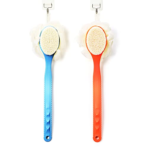 HONOMA 2-in-1 Shower Back Scrubber with Long Curved Handle - Blue