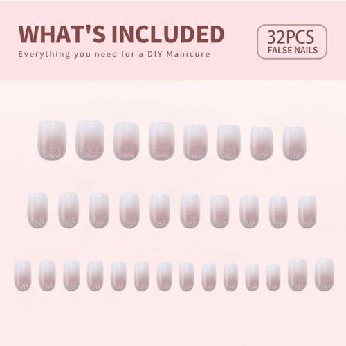 White Gradient Press on Nails Short Square False Nails with Silver Glitter