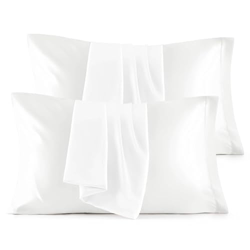 Bedsure Queen Satin Pillowcases Set of 4 - Pure White, Silk-like Texture
