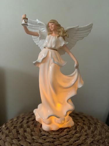 Praying Angel Sculpture with LED Light - 12.9-Inch Porcelain Guardian Figurine Christmas Decor