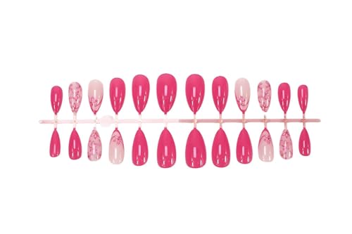 Press On Nails Medium Almond Hot Pink Floral Glossy Fake Acrylic Nails Kit