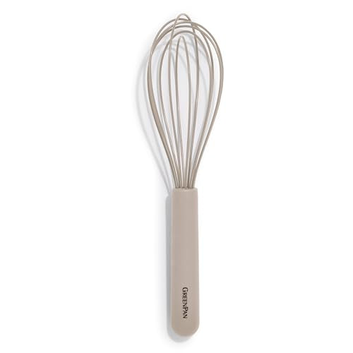 GreenPan Silicone Whisk, Mixing Blending Beating Stirring Cooking Kitchen Utensil, Flexible Rubber Nonstick Cookware, Rigid Steel Core, Heat-Resistant, Anti-Slip Handle BPA-Free Dishwasher Safe, Taupe