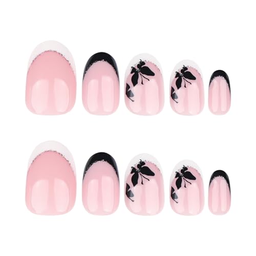 Short Press on Nails French Tip with Butterfly Design Fake Nails Kit