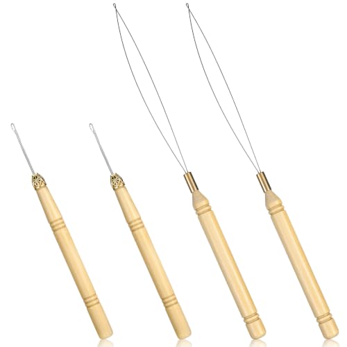 4Pcs Hair Extension Loop Tool Kit with Wooden Handle Threading Needles