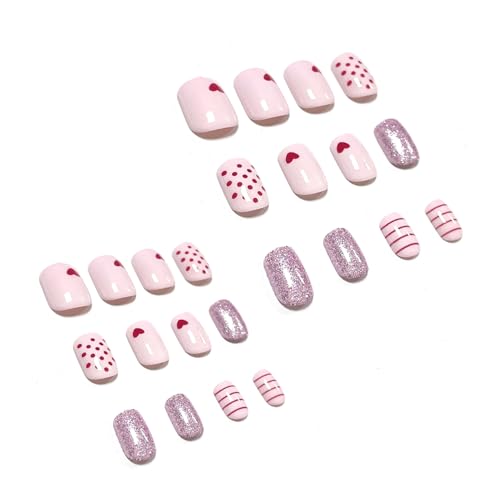 Valentine Press on Nails Square Pink Heart Glitter Fake Nails Acrylic Kit