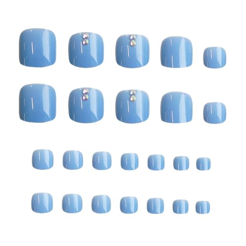 IMRAIN Blue Press on Toenails Short Square Fake Toe Nails with Rhinestone