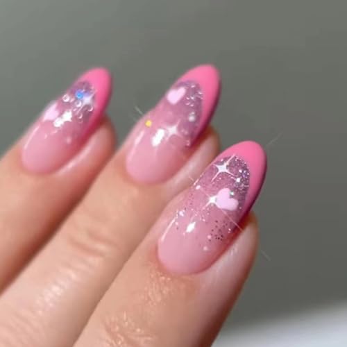 Pink Almond Press On Nails with Heart Star Design - 24Pcs Glossy French Tip