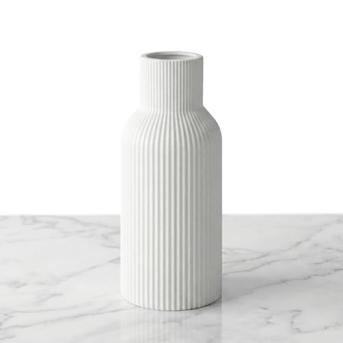 Modern Matte White Ceramic Ribbed Vase for Fresh & Dried Flowers