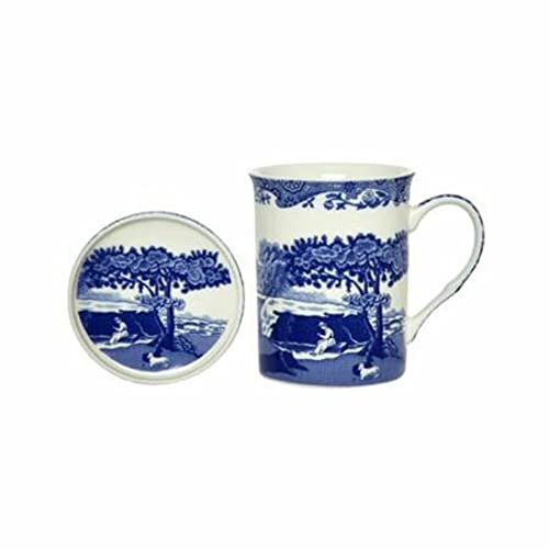 Portmeirion Spode Blue Italian 12oz Mug & Coaster Set - Scenic Motif & Decorative Border - Elegant Hot Beverage Cup for Tea, Coffee - Brunch Table Drinkware - Collector¡¯s Porcelain Set