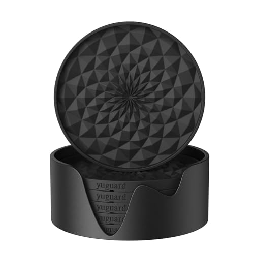 YUGUARD Black Silicone Coasters 6 Pack with Holders Non-Slip Drink Mats