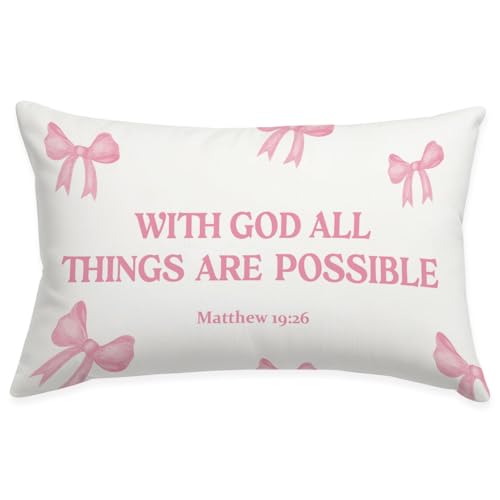 Pink 12x20 Flannelette Throw Pillow Cover - Matthew 19:26 Bow Design