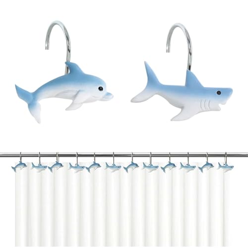 12 Pcs Shark and Dolphin Shower Curtain Hooks, Rust-Proof Nautical Rings