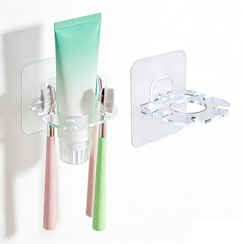 Clear Wall Mounted Toothbrush Holder 2 Pack - No Drill, Waterproof Organizer