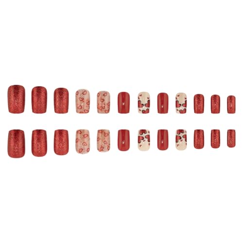 Valentine Square Press on Nails Red Glitter Heart Acrylic Fake Nails