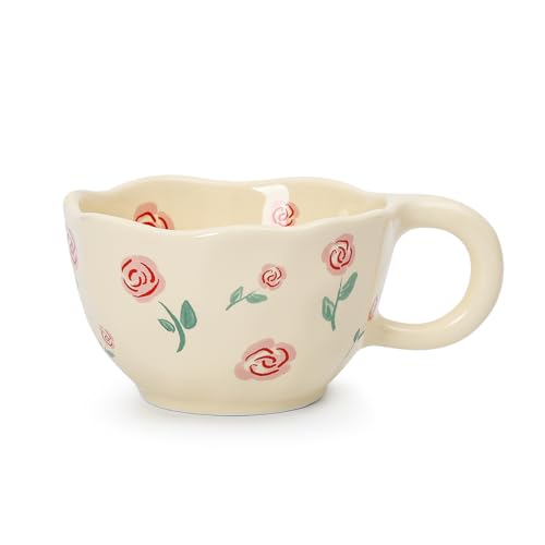 Ceramic Coffee Mug 9 oz Pink Rose Floral Tea Cup - Handcrafted Kitchen Drinkware