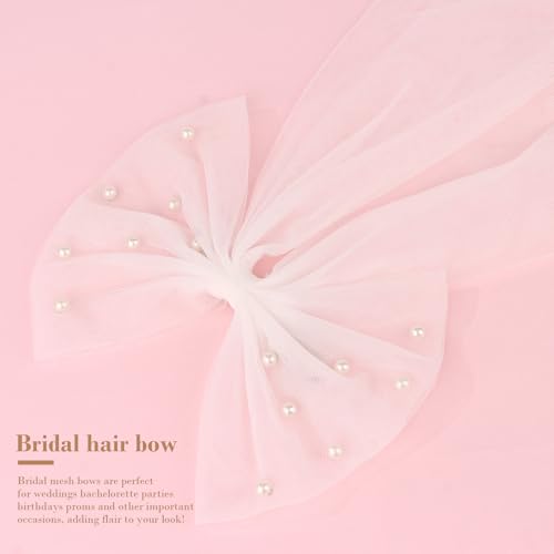 GAFATORY Pearl Hair Bow with Veil - White Bridal Tulle Hair Clip