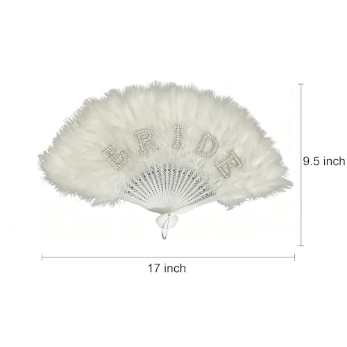 White Feather Bridal Hand Fan with Rhinestones for Wedding & Bachelorette Parties