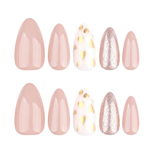 Gold Foil Heart Almond Press on Nails Glossy Glitter Fake Nails