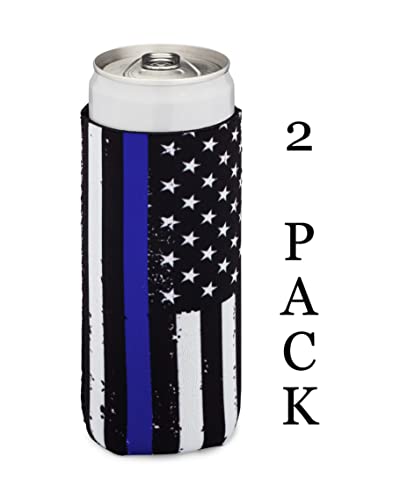 Thin Blue Line Collapsible Beer Can Cooler Sleeves - 2 Pack - Slim Size 12 oz