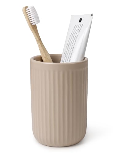 BosilunLife Ceramic Toothbrush Holder - Striped Khaki Cylinder Tumbler