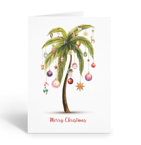 Festive Palm Tree Christmas Cards - 12 Count Holiday Greeting Cards with Envelopes