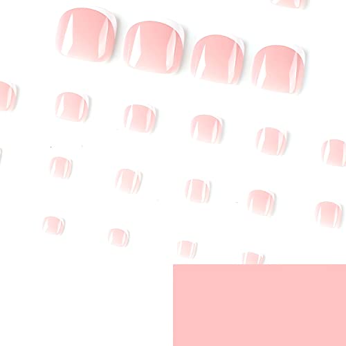 Short Pink Press On Toenails White French Tips Square False Toe Nails