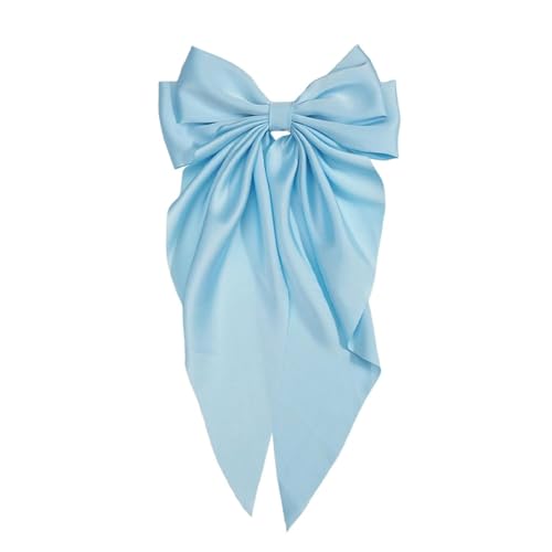 Silky Satin Bow Hair Clip with Long Tails Large French Barrette Light Blue