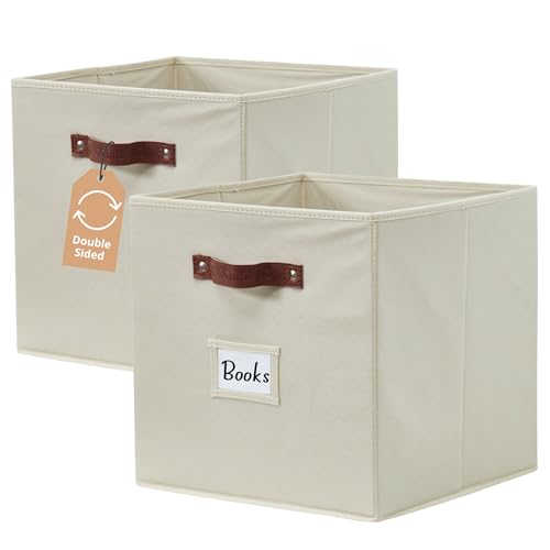 DECOMOMO Fabric Storage Bins - 10.5" x 11" Cube Bins with Labels (2pcs, Beige)
