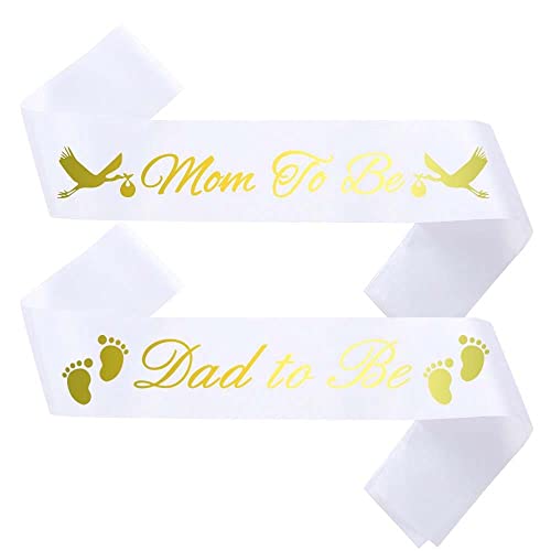 Mom To Be & Dad To Be Baby Shower Sash Bundle White & Gold