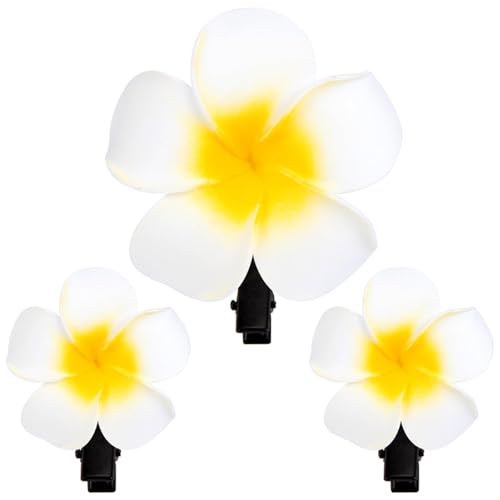 3-Pack Hawaiian Plumeria Flower Hair Clips Yellow White Frangipani